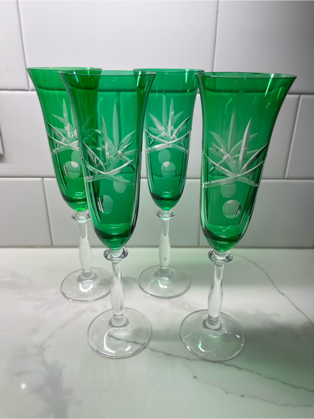 Vintage Bohemian Emerald Green Crystal Cut to Clear Flute Glass 9.5” Set Of 4